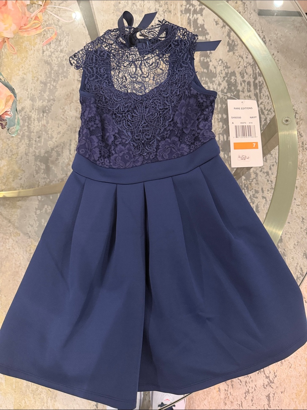 Rare Editions Navy Lace Bodice Pleated Skirt Dress